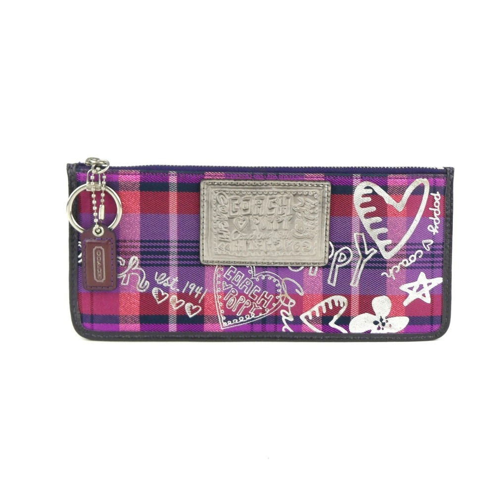 Coach Poppy Purple Plaid Zipper Pouch